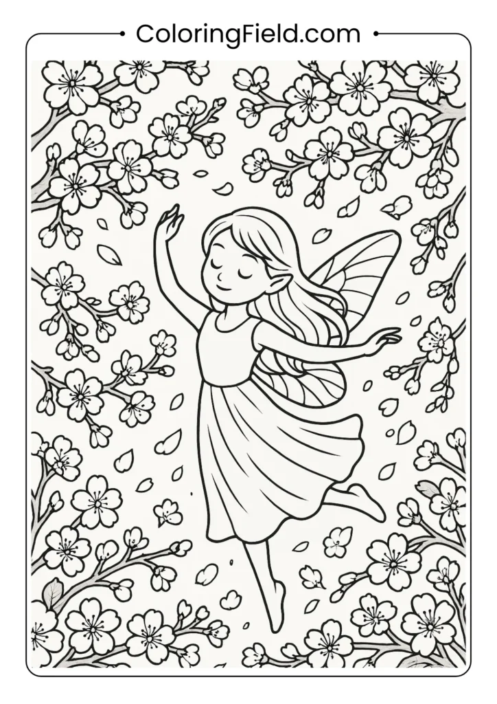 Fairy dancing among cherry blossom branches coloring page