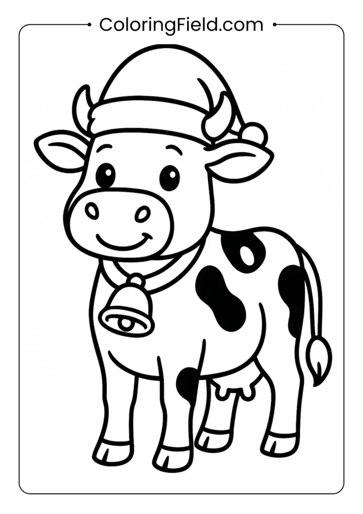 Christmas cow with Santa hat and bell collar holiday coloring page