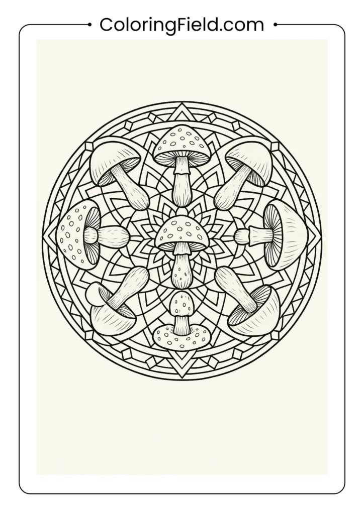 Circular mandala with mushrooms arranged in symmetrical patterns coloring page