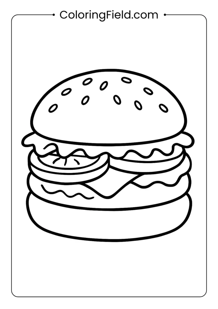 Hamburger coloring page with bun layers and visible fillings in cross-section