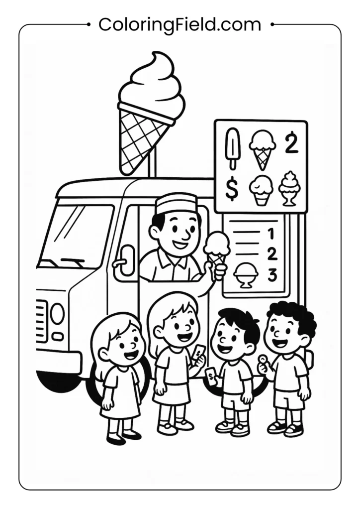 Ice cream truck scene coloring page with vendor and excited children in line