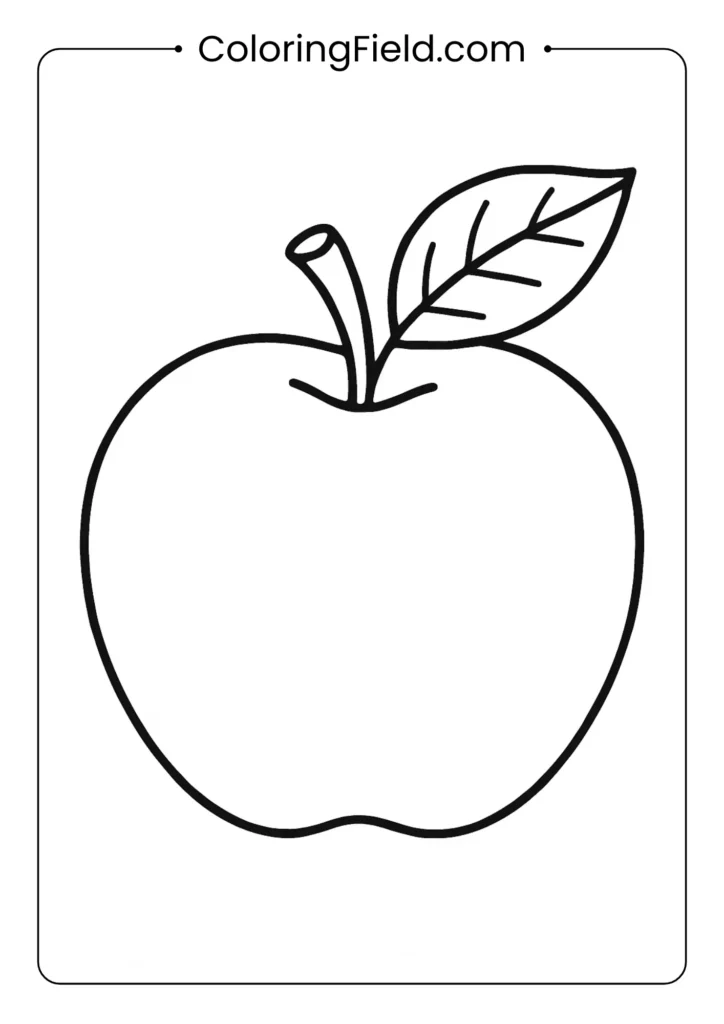 Classic red apple coloring page with stem and leaf outline for kids