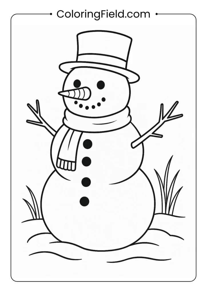 Traditional three-ball snowman coloring page with hat scarf and carrot nose