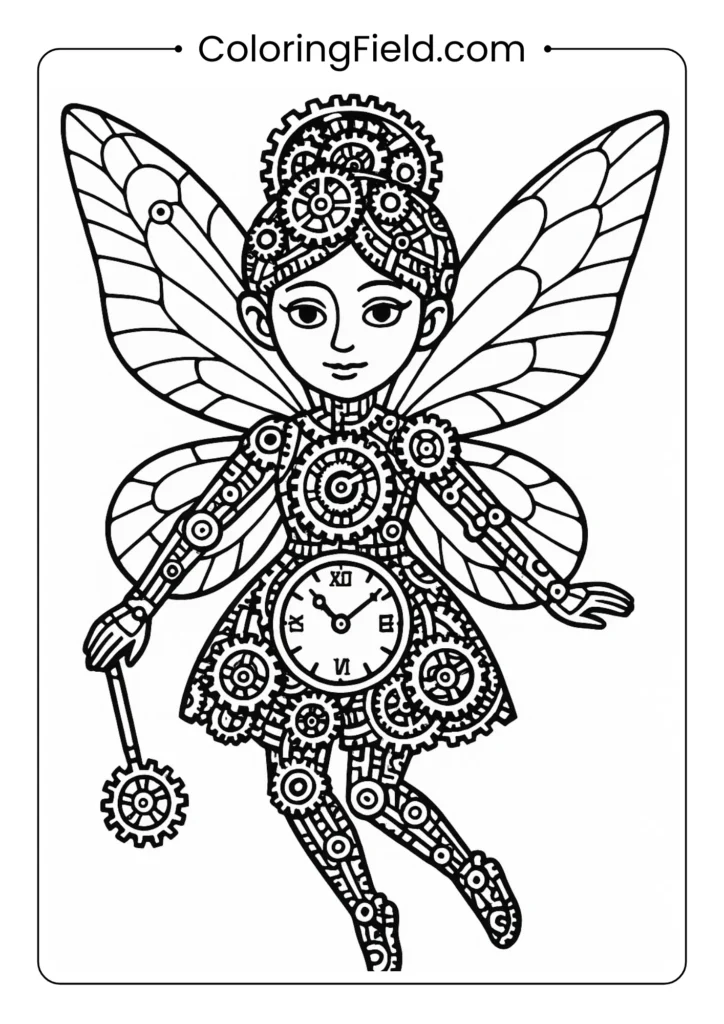 Fairy made of intricate clock mechanisms coloring page for adults