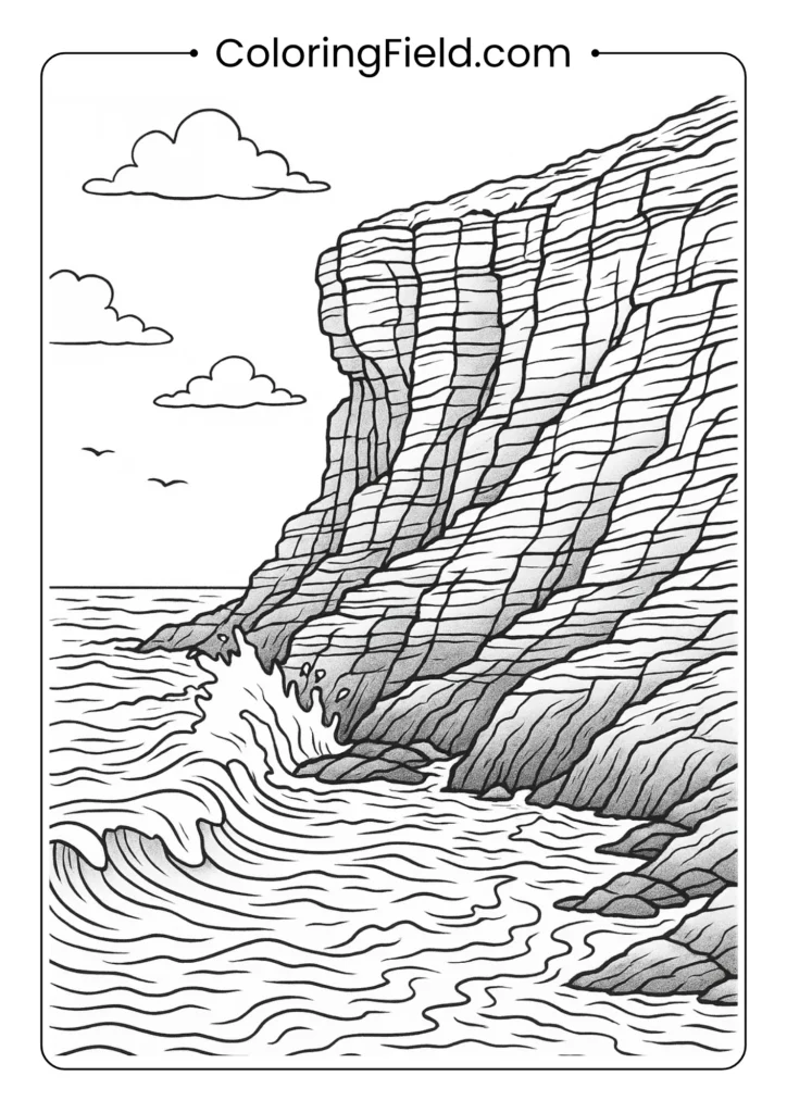 Dramatic cliff face coloring page with detailed rock layers and geological formations
