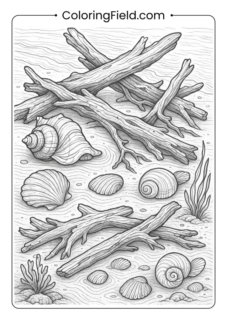 Intricate driftwood and shells coloring page with sand patterns and beach debris
