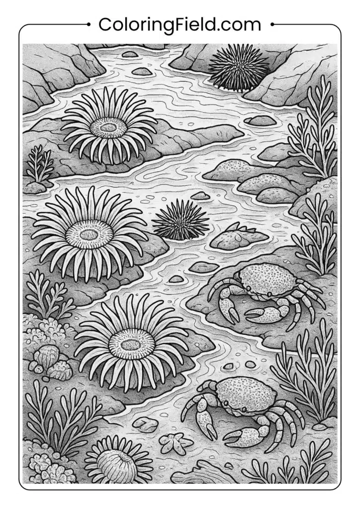 Detailed tide pool coloring page with anemones, urchins, crabs and realistic textures