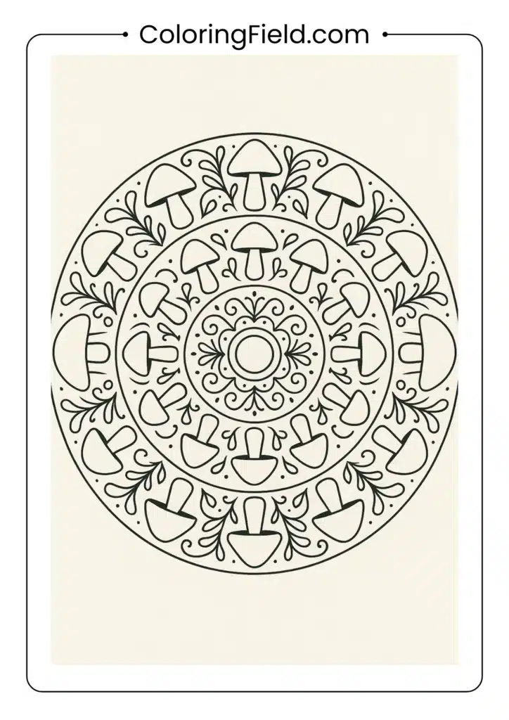 Mushroom silhouettes arranged in concentric circles with ornamental elements coloring page