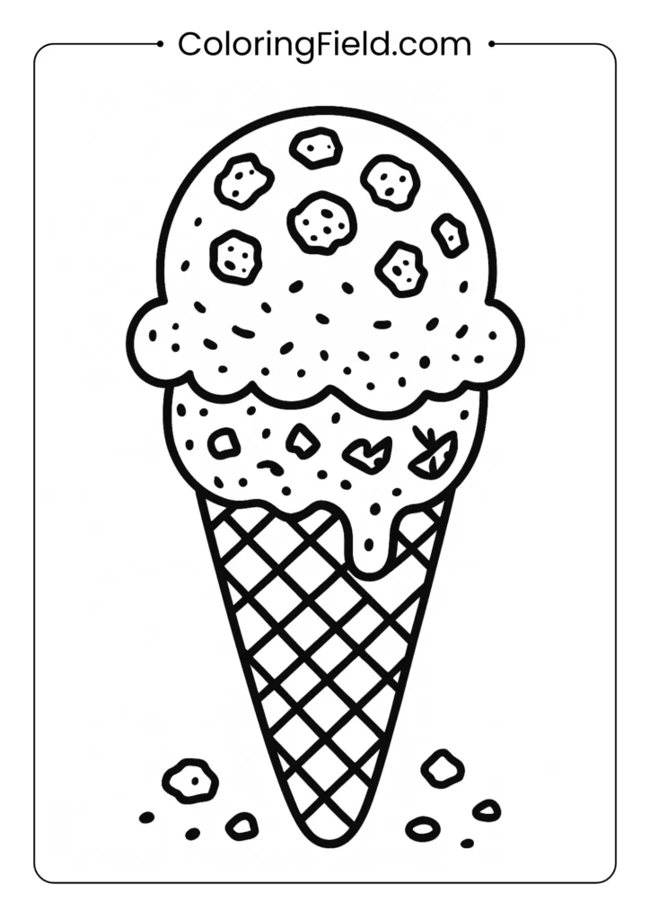 Cookie cone ice cream coloring page with bite mark and cookie crumbs