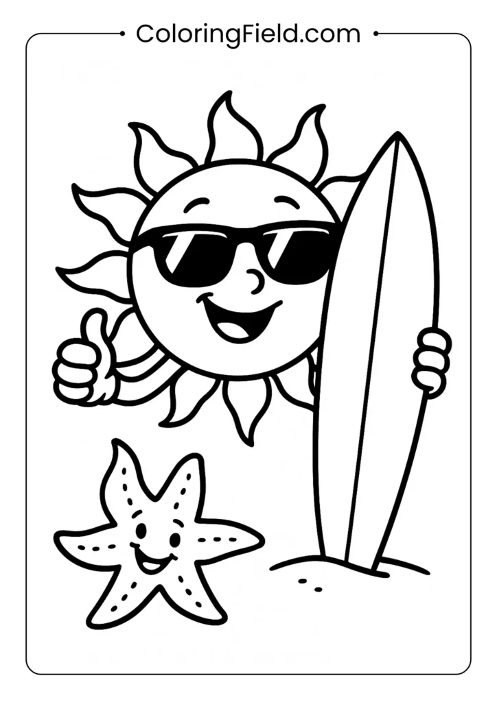 Hip cartoon sun wearing sunglasses coloring page with surfboard
