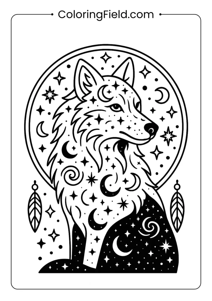 Cosmic wolf mandala coloring page with stars, moons, and celestial patterns