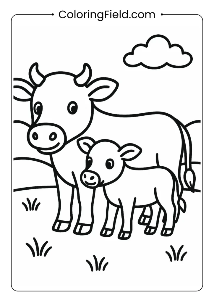 Simple cow and calf family scene outline for easy coloring