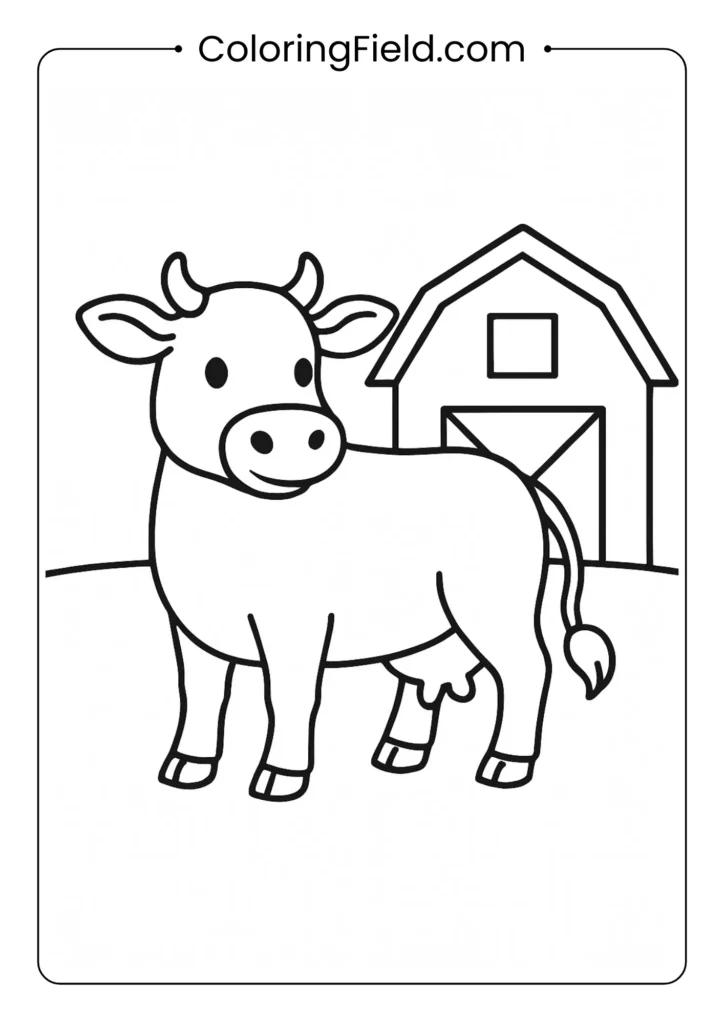 Simple cow standing by barn outline drawing for young children