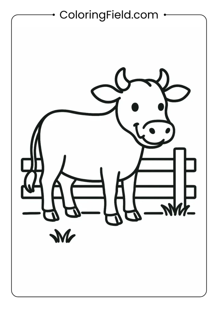 Simple cow standing beside farm fence outline coloring page