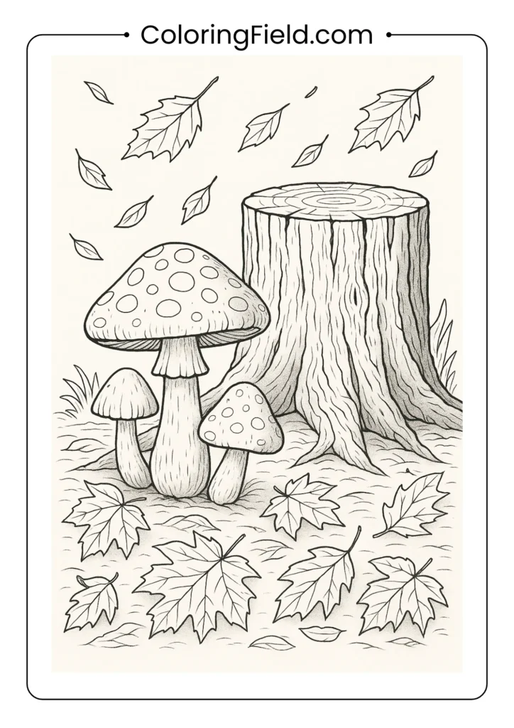 Autumn scene with mushrooms near tree stump and falling leaves coloring page