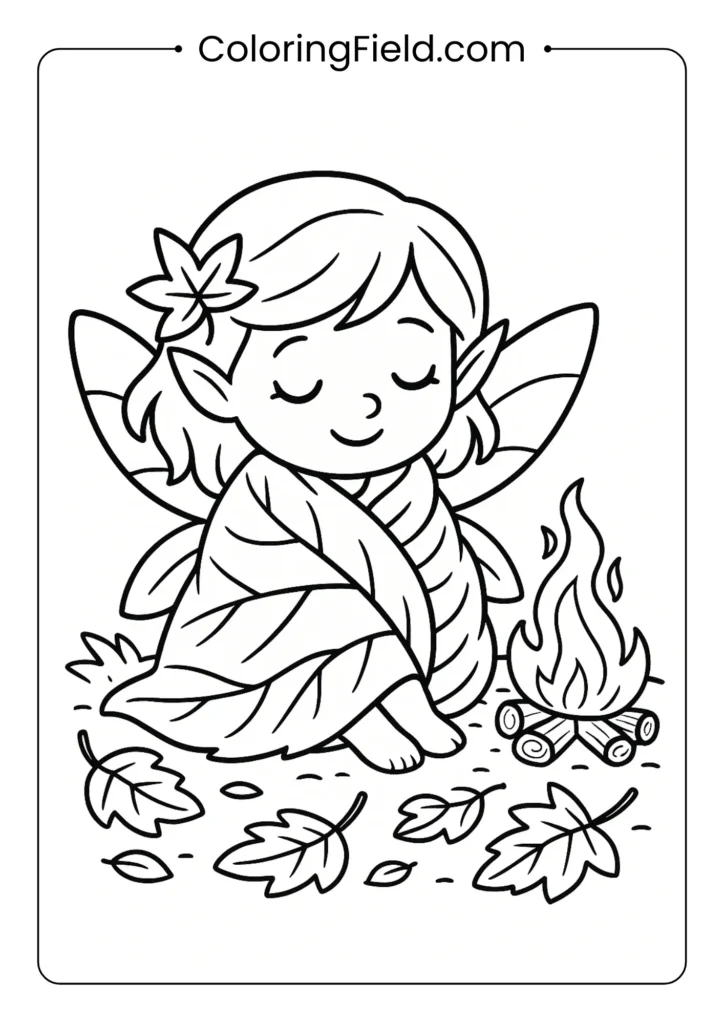 Fairy wrapped in leaf blanket by tiny fire coloring page for autumn