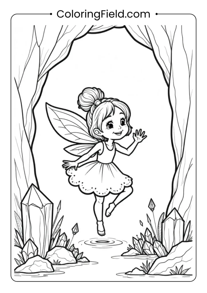 Crystal cave fairy coloring page featuring a magical fairy inside a sparkling cave filled with crystals, rocks, and glowing formations.