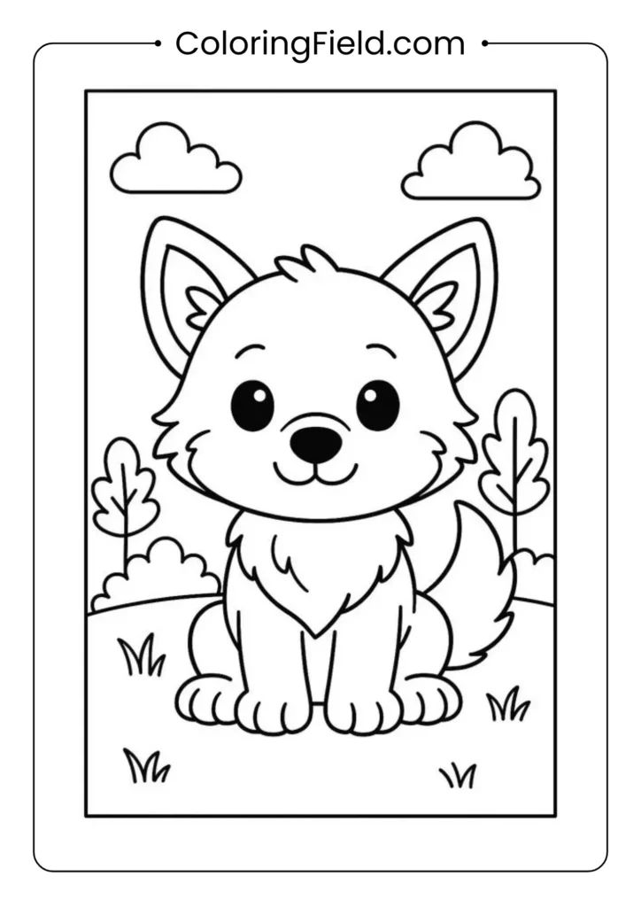 Cute baby wolf coloring page with big eyes, fluffy fur, and playful expression