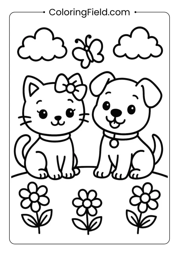 Cute kitten sitting beside a playful puppy.