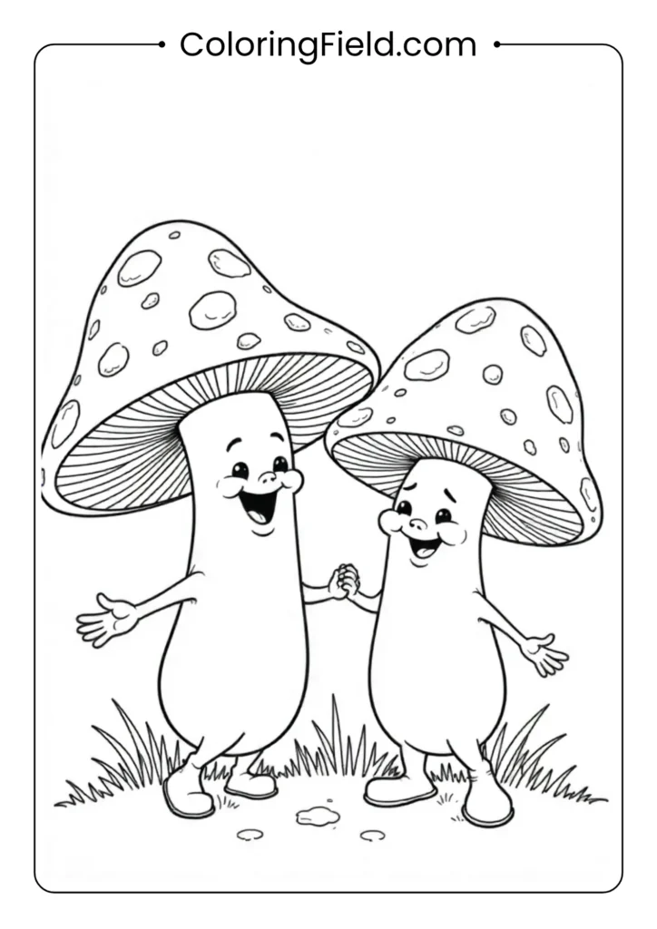 Cute mushroom characters holding hands coloring page featuring whimsical mushrooms with smiling faces, holding hands in a playful scene.