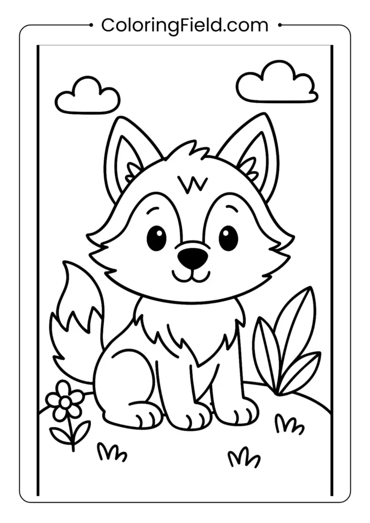 Cute wolf coloring page with friendly expression and fluffy tail