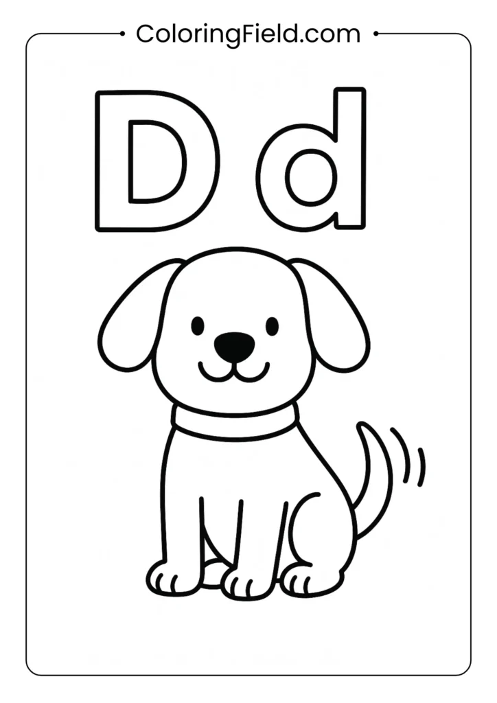 Letter D coloring page with happy dog for kindergarten alphabet activities