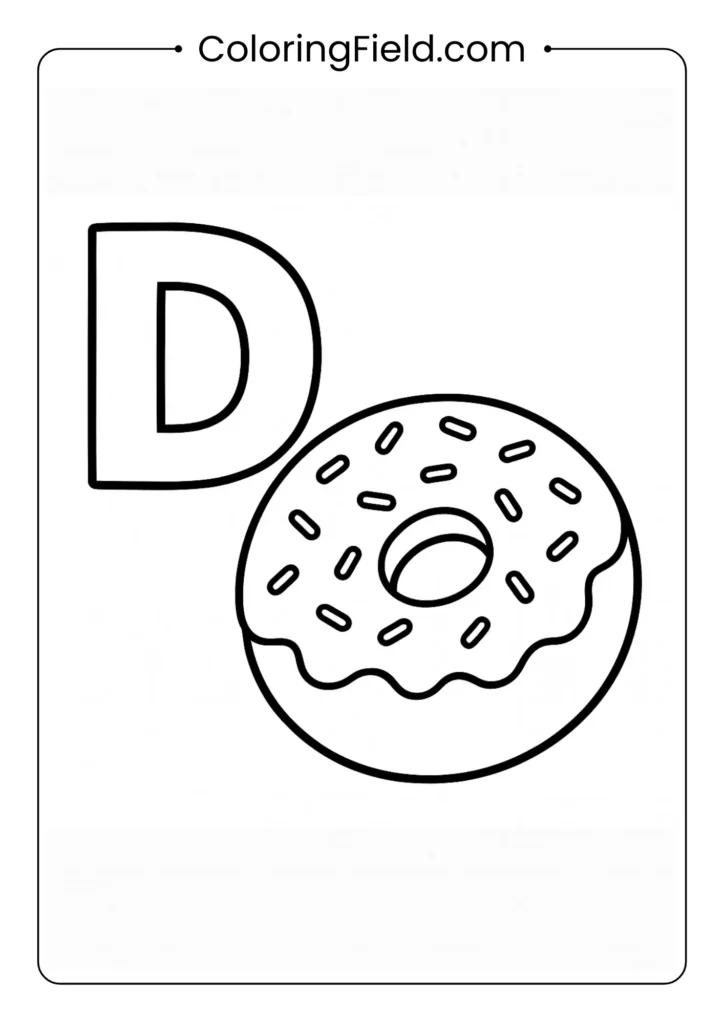 Food alphabet letter D coloring page with frosted donut