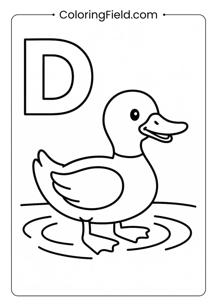 Animal alphabet letter D coloring page with swimming duck