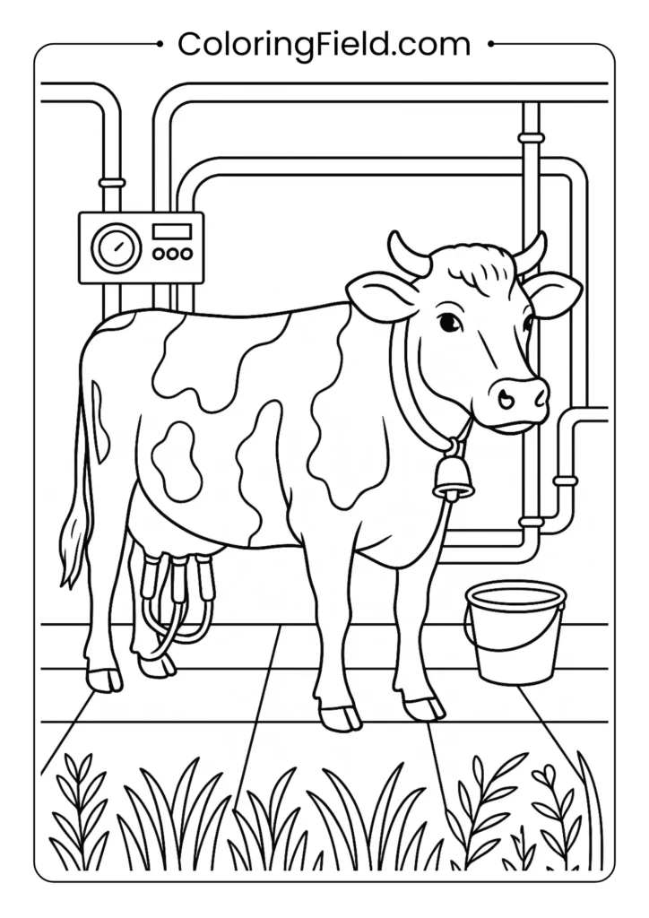 Detailed dairy cow in milking parlor with equipment realistic coloring page