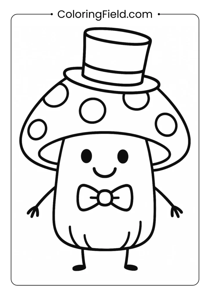 Cheerful mushroom wearing bow tie and top hat coloring page