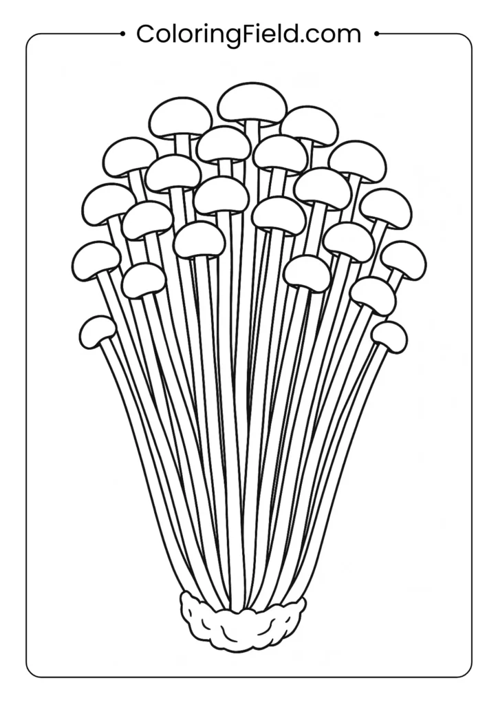 Detailed enoki mushrooms with long thin stems in cluster formation coloring page