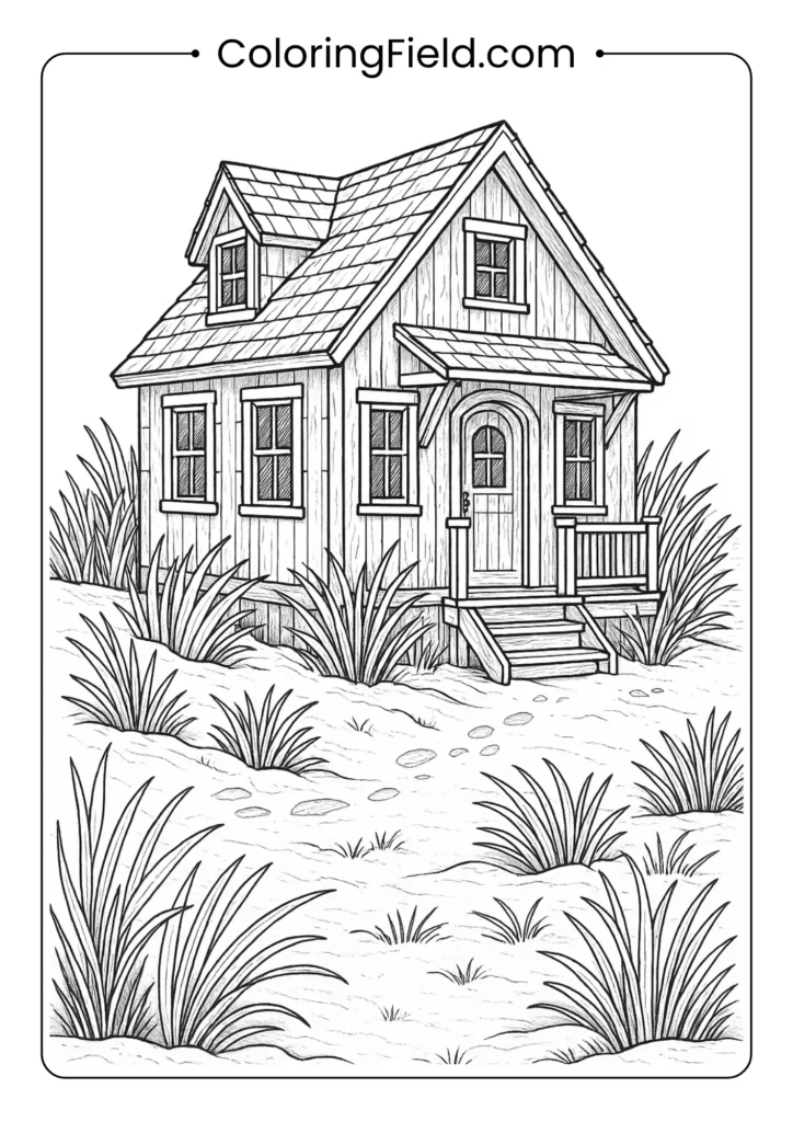 Charming beach cottage coloring page with architectural details and weathered wood