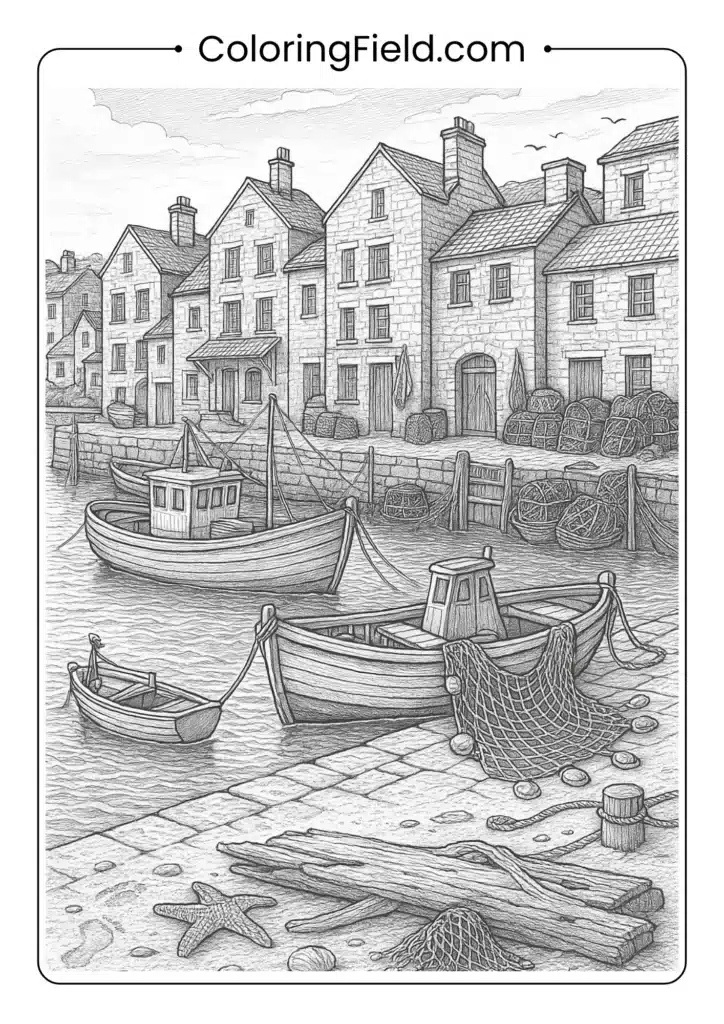 Coastal fishing village harbor coloring page with boats, buildings and nets