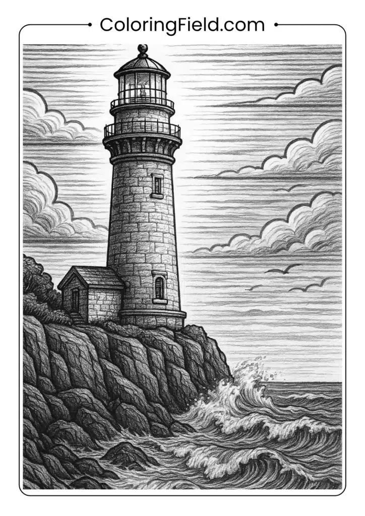 Realistic lighthouse on cliff coloring page with stone textures and crashing waves