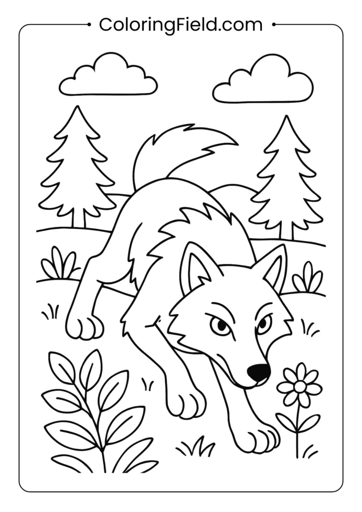 Detailed prowling wolf coloring page with sharp eyes, sleek body, and textured fur