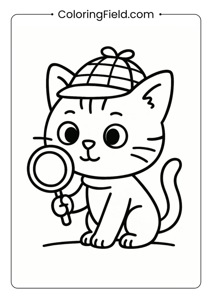 Kitten detective with magnifying glass.