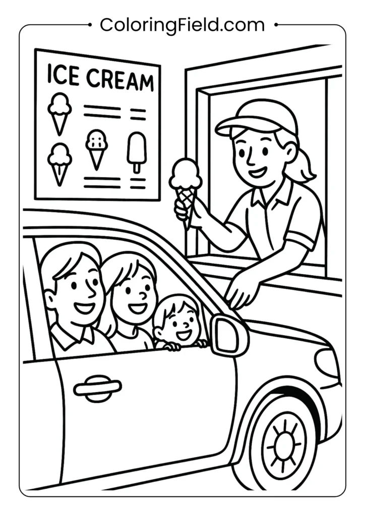 Drive-through ice cream window coloring page with car and family