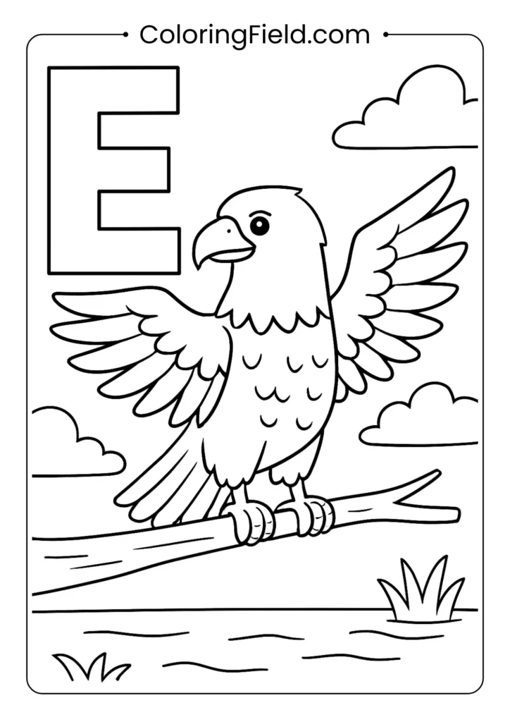 Animal alphabet letter E coloring page with majestic eagle