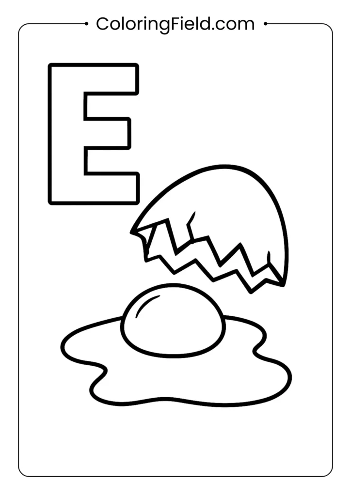 Food alphabet letter E coloring page with cracked breakfast egg