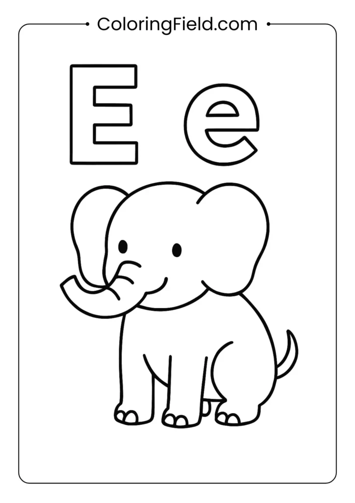 Letter E coloring page with elephant illustration for toddler learning