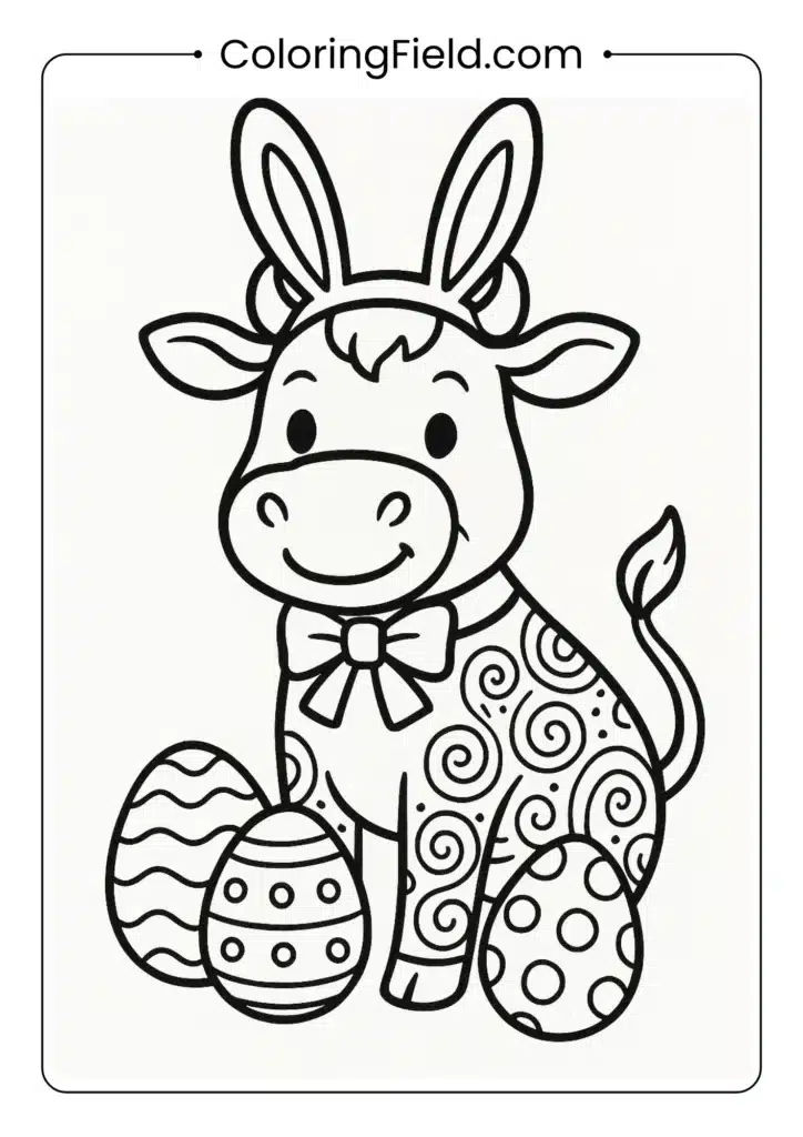Easter cow with bunny ears and decorated eggs holiday coloring page