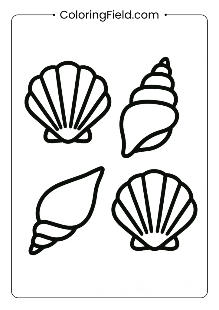 Four large seashells coloring page with thick outlines, preschooler level