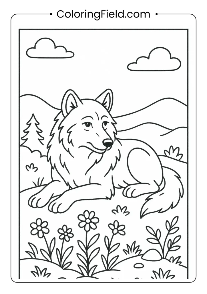 Elder wolf resting coloring page with graying fur and wildflowers on hillside