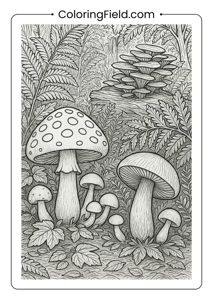 Complex forest scene with multiple mushroom species and detailed foliage coloring page