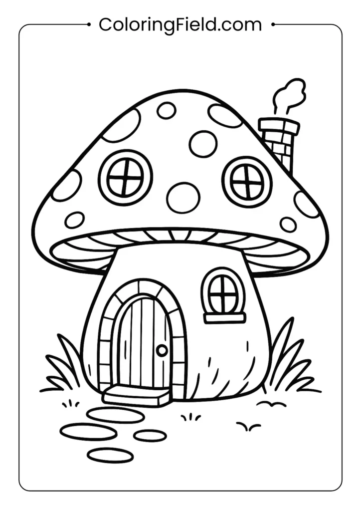 Large toadstool house with windows, chimney, and fairy door coloring page