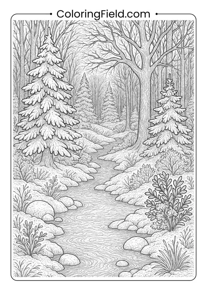 Detailed winter forest coloring page with fine textures and many intricate elements