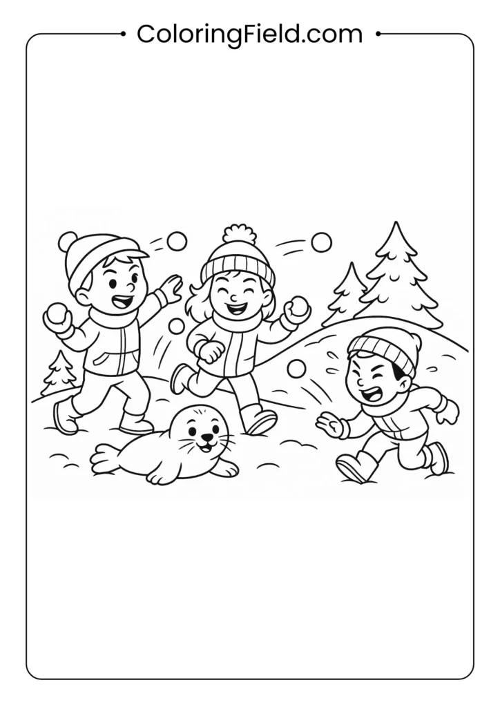 Kids snowball fight coloring page with action poses and flying snowballs