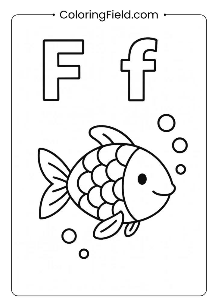Letter F coloring page with swimming fish for alphabet recognition