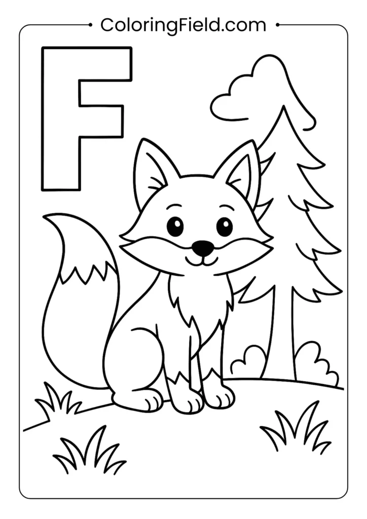 Animal alphabet letter F coloring page with clever fox in forest