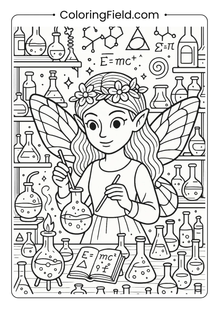 Fairy in detailed laboratory with magical instruments coloring page for adults